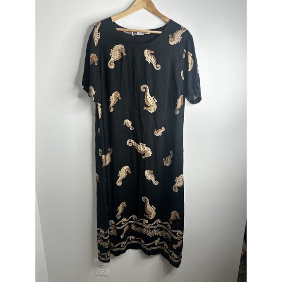 Vtg La Cera Dress Womens Large Black Tan Rayon Seahorse Print Midi Boho Beachy - Picture 1 of 11